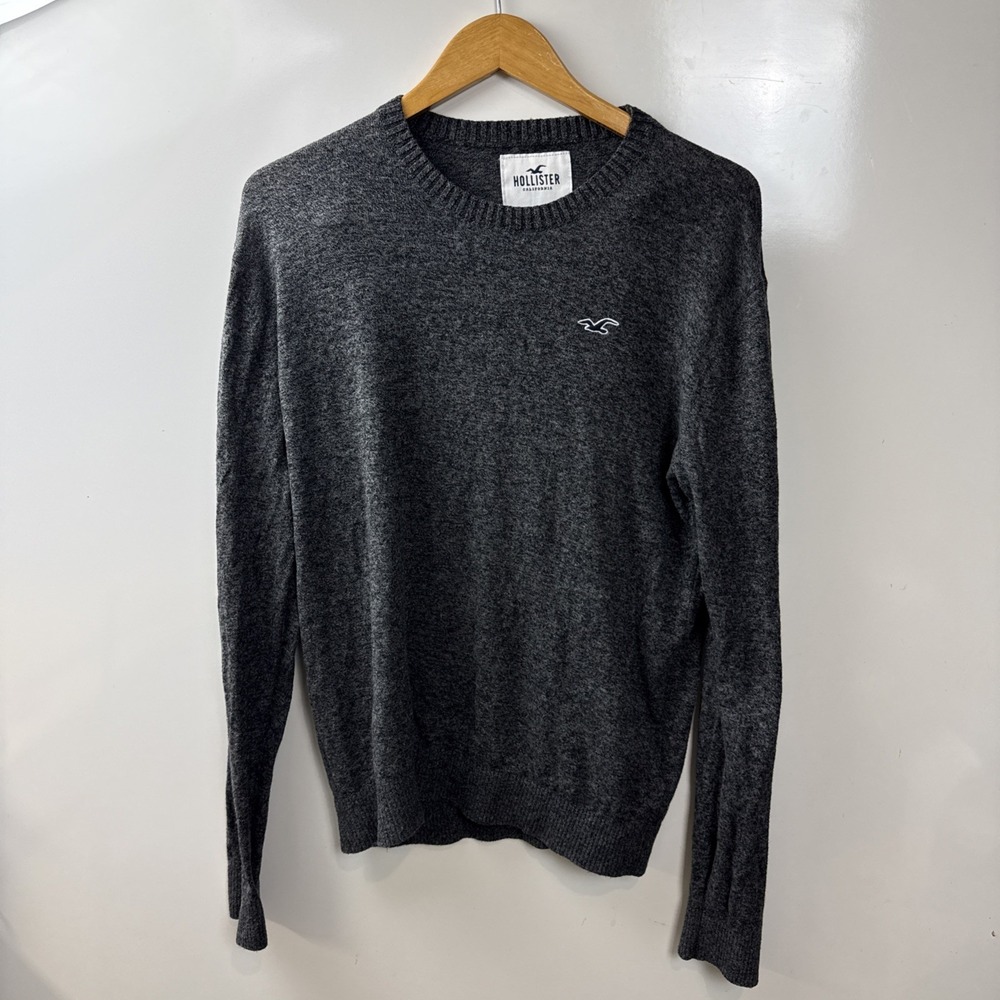 Hollister Sweater Mens Large Heather Gray Knitted Embroidered Logo Pullover